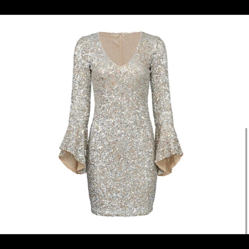 Parker Rachael Dress Silver Sequin Bell Sleeve
